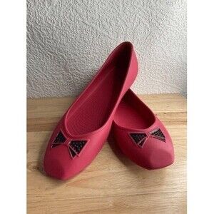Crocs Hot Pink Tie/Bow Print Square‎ Toe Slip On Ballet Flats Women Size 10